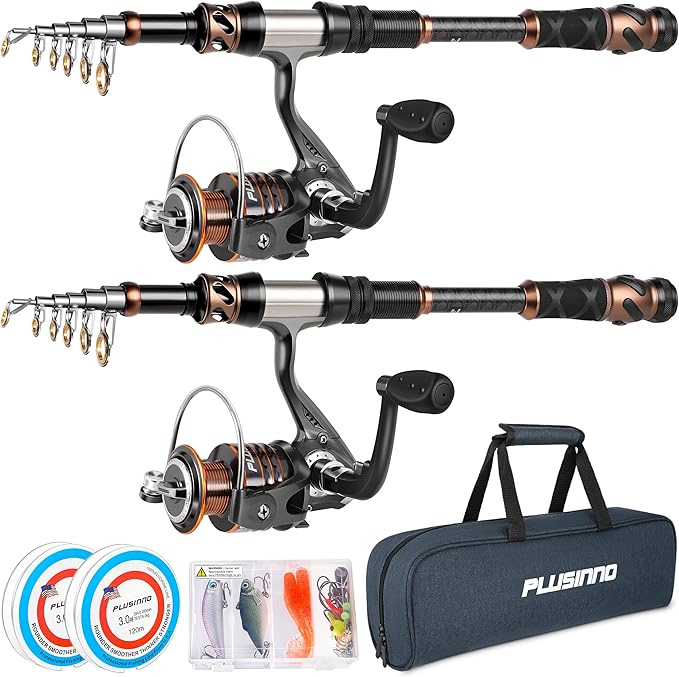 PLUSINNO Fishing Rod and Reel Combos - Carbon Fiber Telescopic Fishing Pole - Spinning Reel 12 +1 Shielded Bearings Stainl...