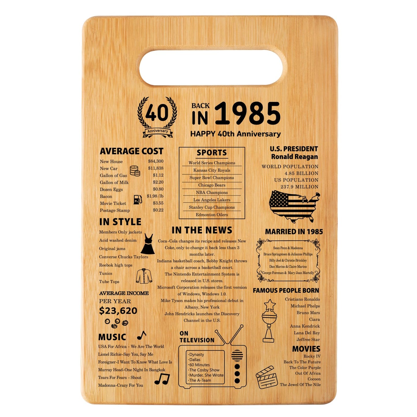 40th Wedding Anniversary Cutting Board Gifts for Women Men Marriage Gifts for Couple 1985 Poster Back In 1985 40th Anniversary Decorations 100% Organic Bamboo Pre Oiled 11"L x 7"W x 0.5"Th