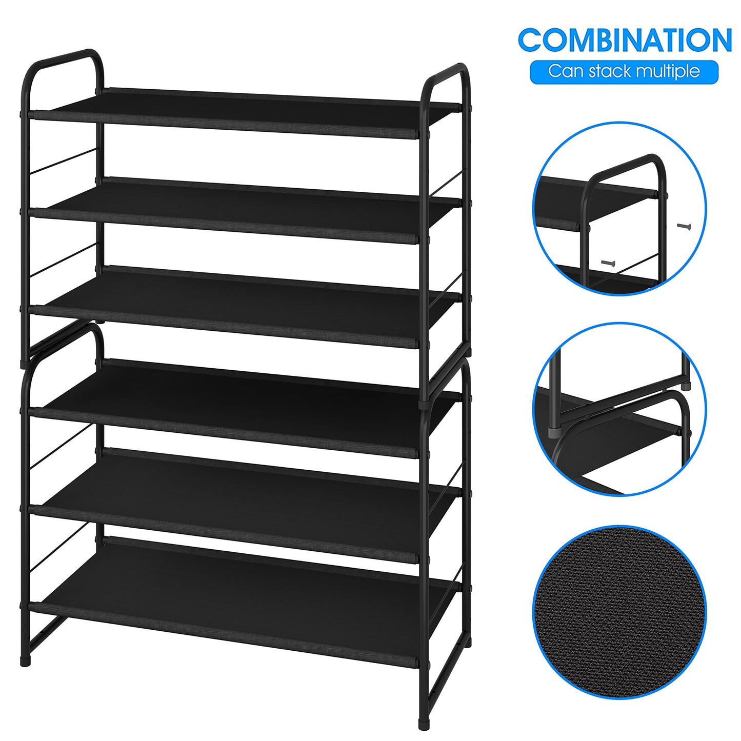 Simple Trending 3 Tier Stackable Shoe Rack, Expandable Adjustable Fabric Shoe Shelf Storage Organizer, Black