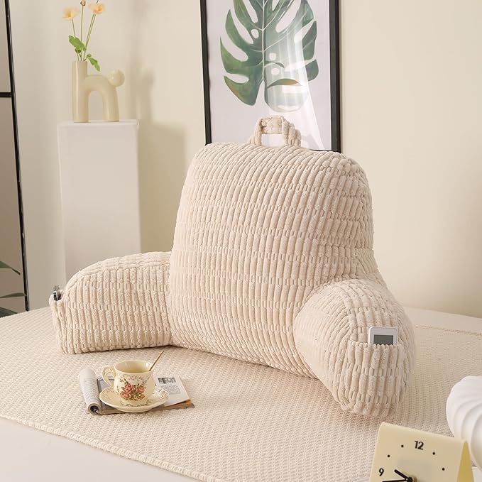 PAJEO Reading Pillow for Sitting in Bed, Large Backrest Reading Pillow with Arm Rest,Back-Rest Support Cushion for Sit Up on Couch, Sofa, and Floor, Dorm Essentials (Cream Corduroy, Large(19"))