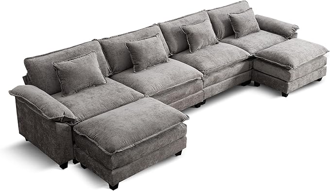 URRED Cloud Couch Modular Sectional Sofa, 157" Modern U Shaped Deep Seat Sofa with 2 Ottomans & Pillows, Ultra Comfy Chenille Couches for Living Room, Bedroom or Apartment, Gray