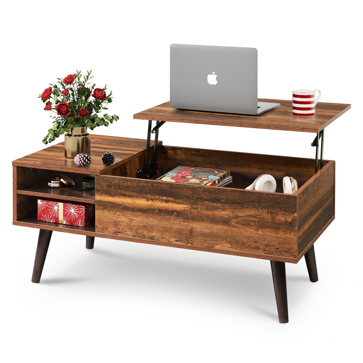 WLIVE Lift Top Coffee Table for Living Room,Small Coffee Table with Storage, Adjustable Shelf and Storage Compartment, Mid Century Modern Living Room Table, Wood, Rustic Brown