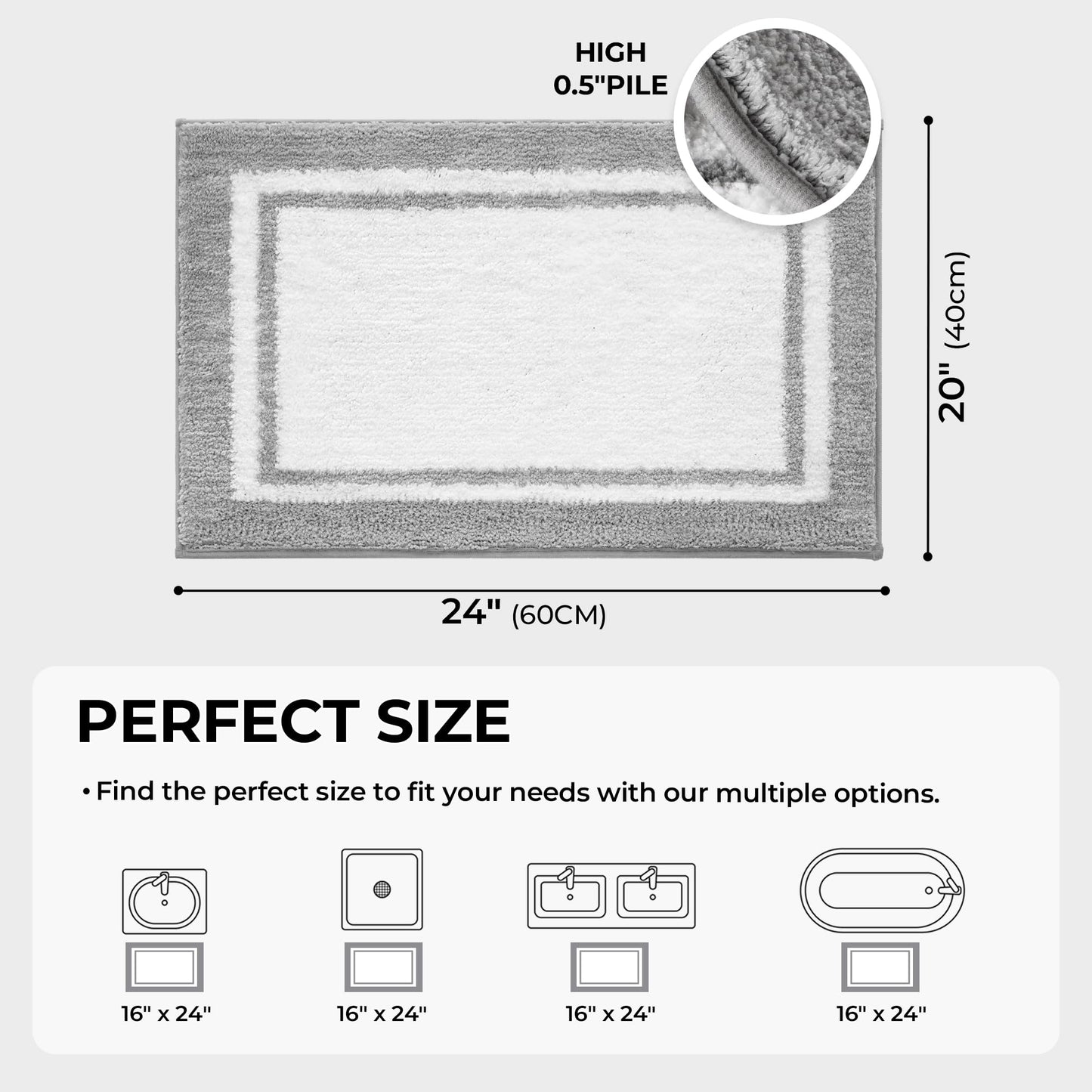 GRANNY SAYS Microfiber Bathroom Rugs Non Slip Washable, Water Absorbent Bathroom Mats for Tub Non Slip, Small Soft Bath Mats for Bathroom Floor & Shower, 16" x 24", Grey Bath Mat Towel