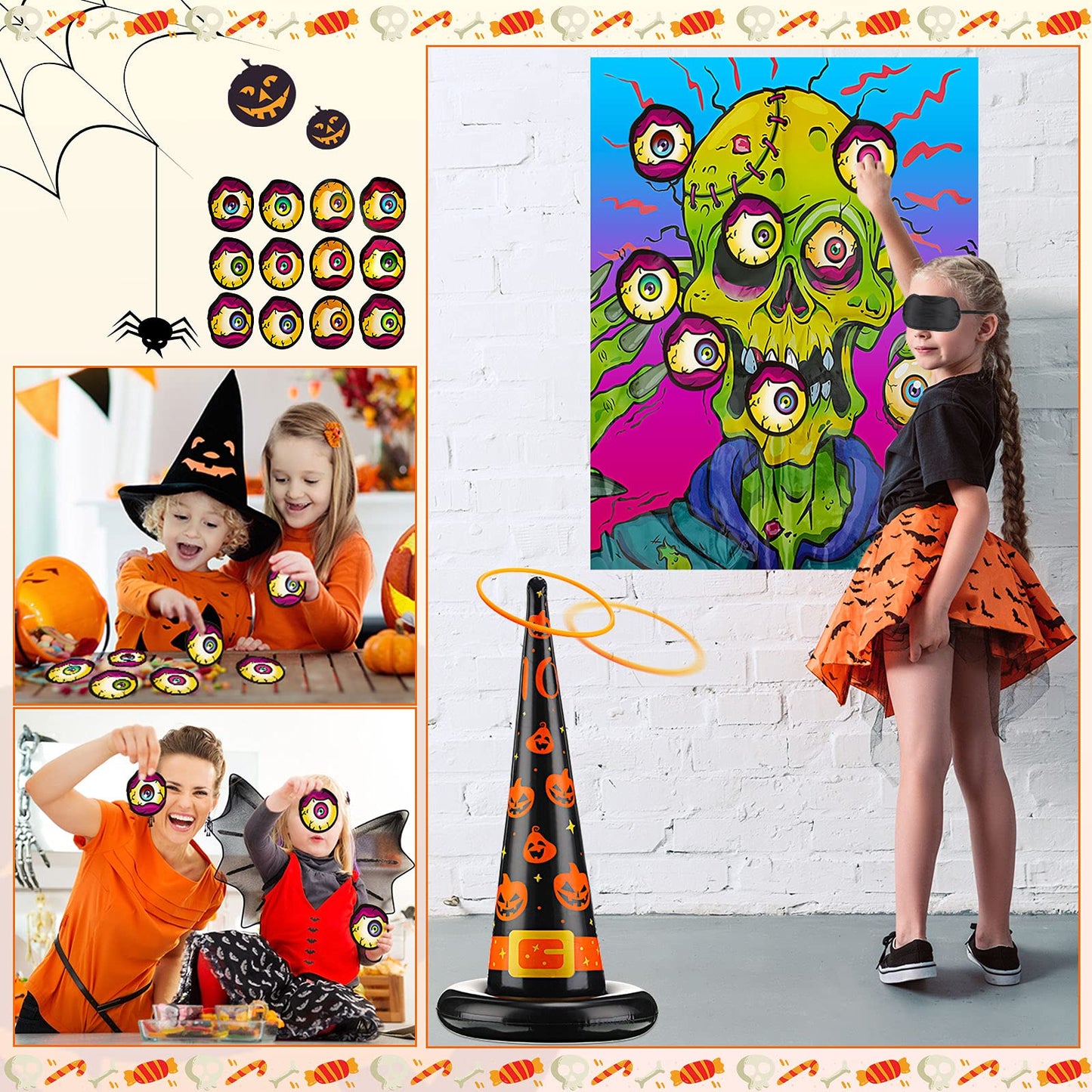 Sumind Pin The Eyeball Zombie Halloween Party Game - Inflatable Spiders, Witch's Hat Toss, Ring Toss Throw Set for Adult Indoor/Outdoor Parties