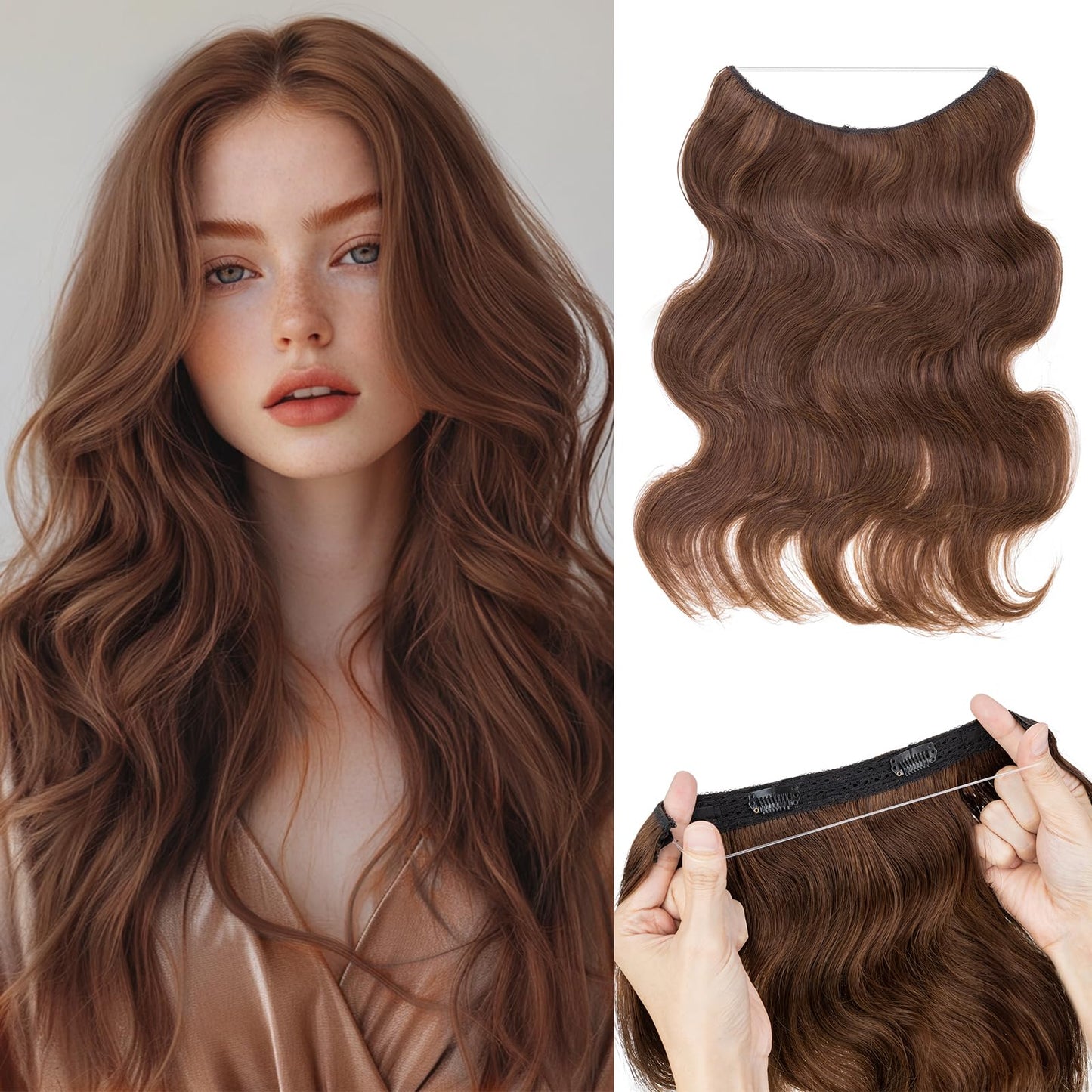 S-noilite Wavy Halo Hair Extensions Real Human Hair,18Inch Invisible Wire Hair Extensions,2 Clips Halo Extensions for Women(Medi