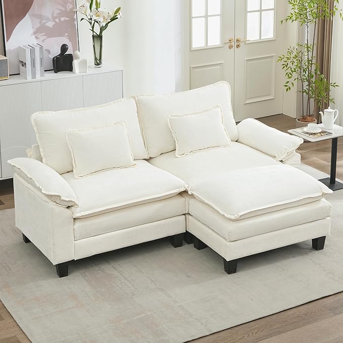 URRED Cloud Couch Modular Sectional Sofa, 87" Modern L Shaped Deep Seat Sofa with Ottoman & Pillows, Ultra Comfy Chenille Couches for Living Room, Bedroom or Apartment, White | Chenille Fabric, Skin Friendly, Breathable, Ergonomic Design, Flexible Modular