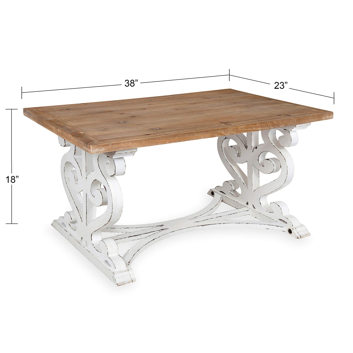 Kate and Laurel Wyldwood Rustic Carved Coffee Table, 38" x 23" x 18", Distressed Brown and White, Farmhouse-Inspired Living Room Decor