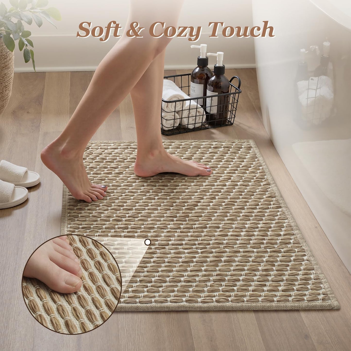 AMOAMI Unique Woven Bathroom Runner Rug, Super Absorbent Non Slip Bath Mats for Bathroom Textured Bathroom Mat Quick Dry Boho Rugs Runners for Hallyways Kitchen Bedroom Beside Tub, 2' x 4', Brown