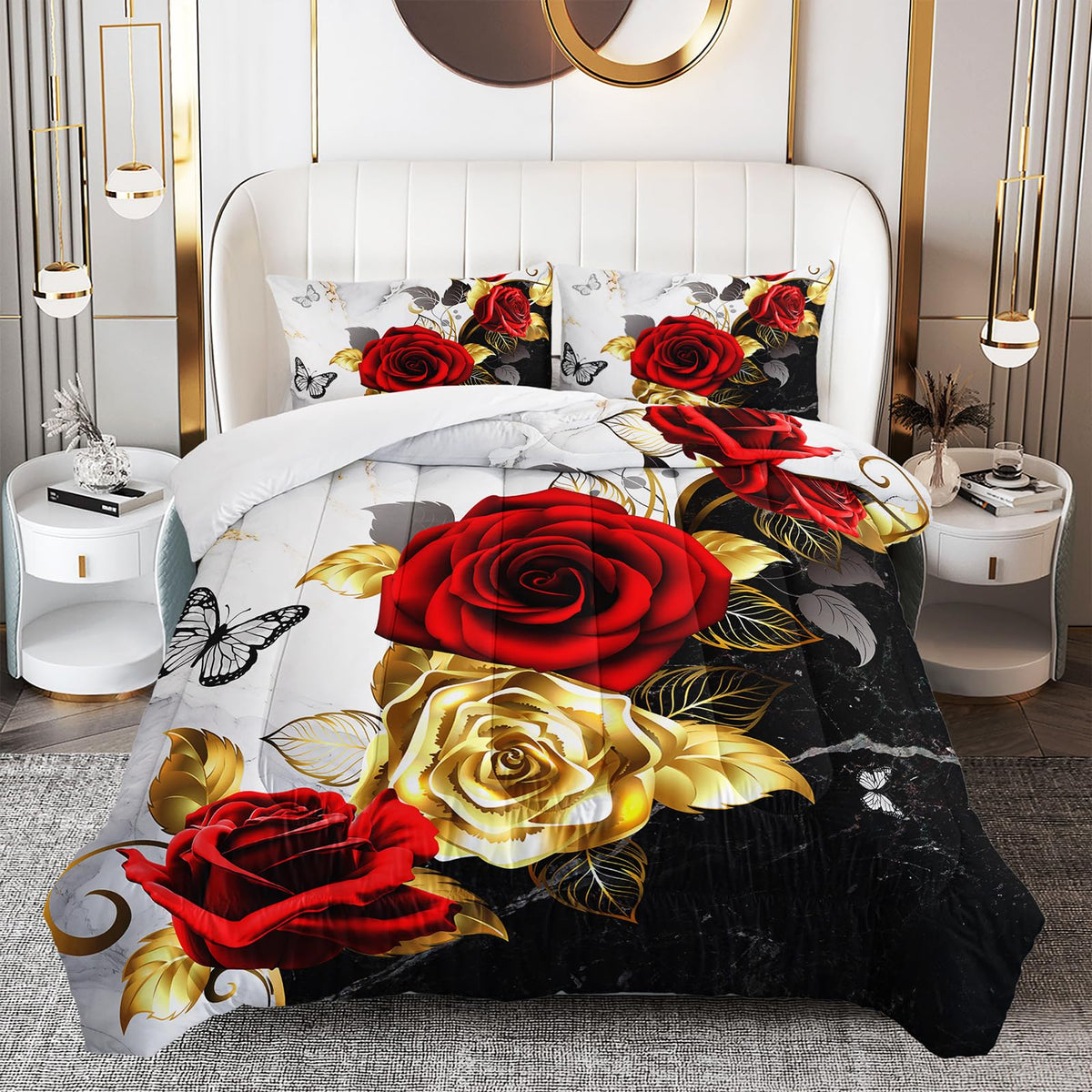 OUIXOTIC Red and Gold Roses Comforter Set for Girls Kids Queen Size, 3-Piece Black and White Floral Butterfly Pattern Bedding Set Soft Lightweght Bed Decor All Seasons