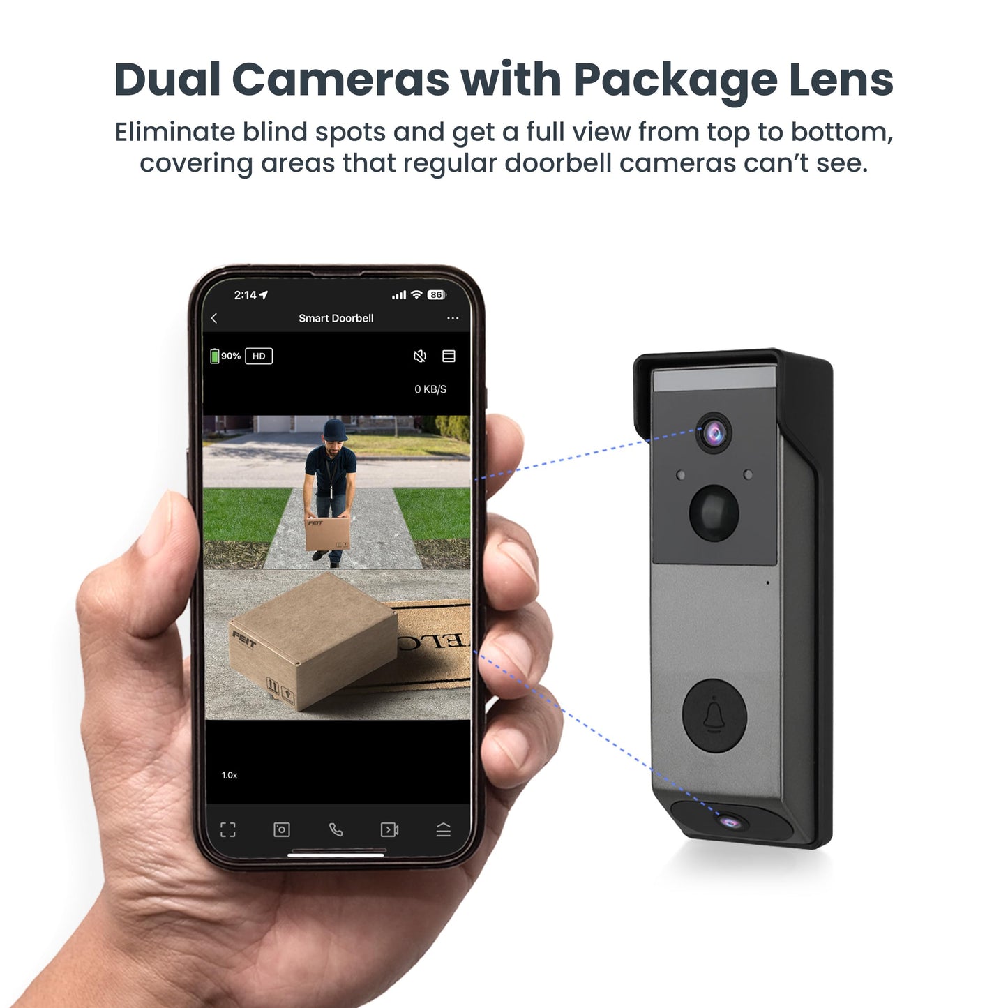 Feit Electric Smart Wireless Doorbell w/Dual-Lens 1080p HD Camera, 24/7 Local Recording, Night Vision, Voice Assistant, AI Detection for People & Packages, Includes Wireless Chime, CAM2/DOOR/WIFI/BAT