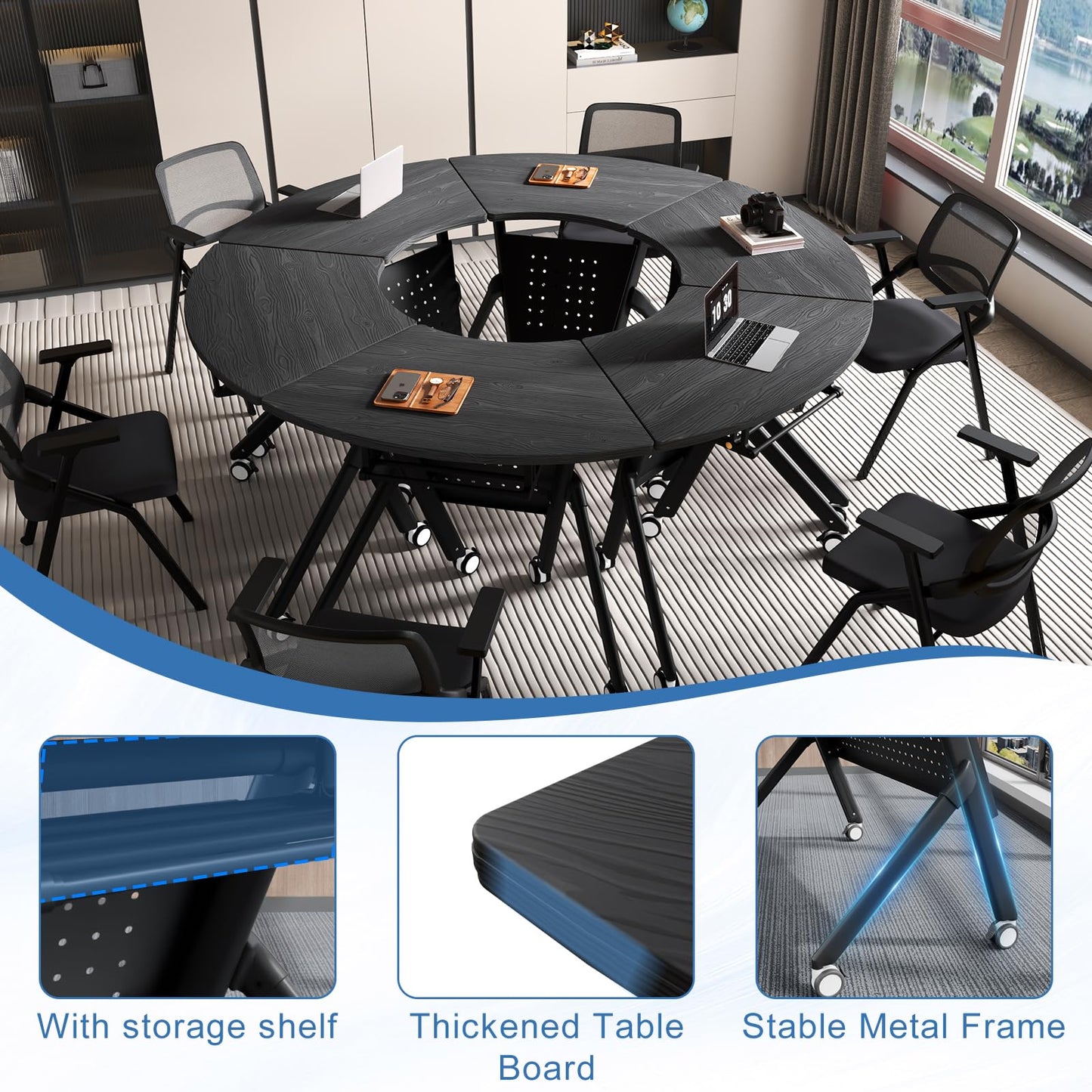JFazzruit Folding Conference Table,Fan-Shaped Conference Room Tables with Wheels, Mobile Modular Seminar Meeting Desk for Classrooms,Office & Seminar (6, Fan-Black)
