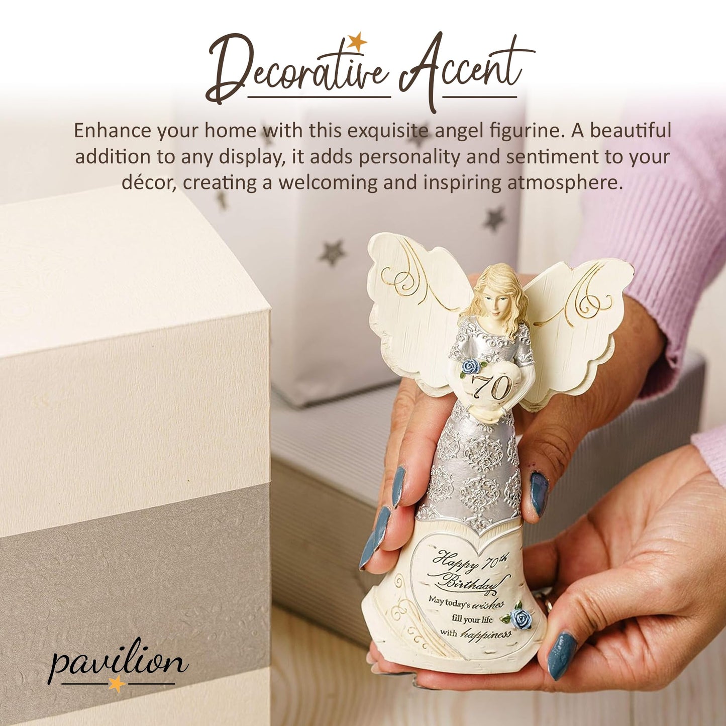 Pavilion 'Happy 70th Birthday' 82416 Elements Angels - Polyresin Birthday Angel Figurine - Silver Hand-Painted Remembrance and Keepsake Gift Angel for Grandmothers, Mothers, Aunts, Friends, Women