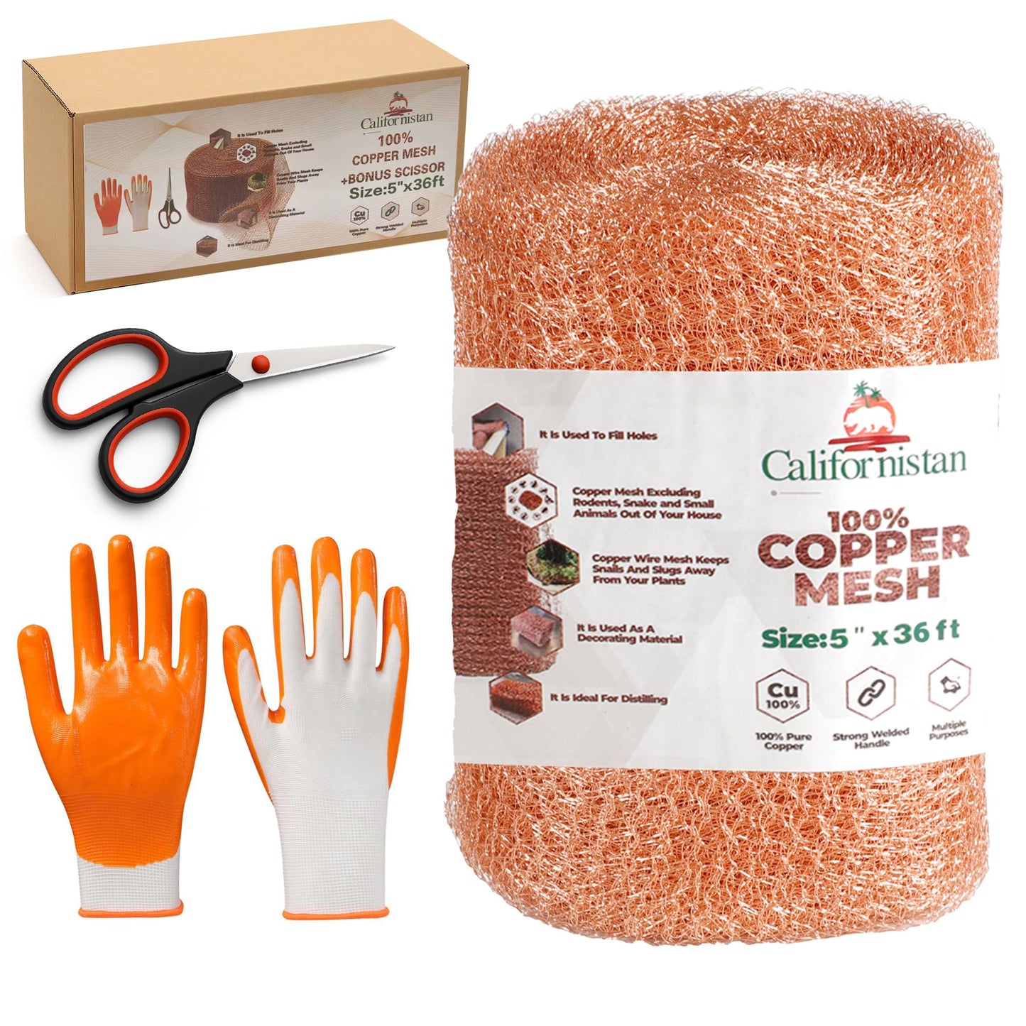 Californistan Copper Mesh Rodent Control, 5in x 36ft- Rustproof Copper Mesh Roll for Rodent, Bat & Snail - Perfect for Hole Blocking, Gardening & Sealing Water Opening - Plus Bonus Scissor & Gloves