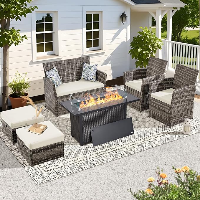 FHFO 6 Pieces Outdoor Patio Furniture Set, Wicker Sectional Sofa Patio Conversation Set Couch with Ottomans Rattan Chair and Table for Garden, Yard,Gray-Beige