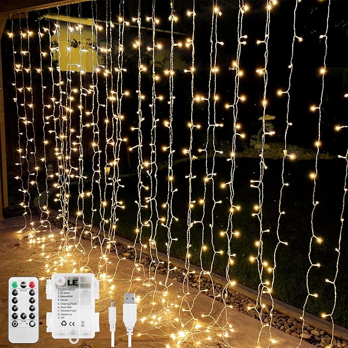 LE Fairy Curtain Lights Battery Operated & USB Plug in, Remote 10 x 10 ft Hanging String Lights for Bedroom Wall, 300 LED ...
