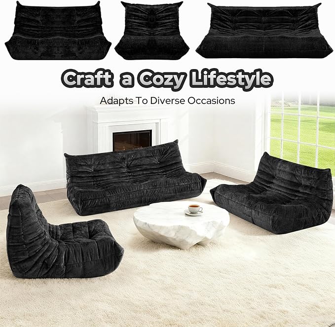 HABUTWAY Bean Bag Chair, Giant Bean Bag Chairs for Adults, Loveseat Fireside Chair, 2 Seater Lazy Bean Bag Sofa Memory Foam Couch for Living Room, Bedroom, Office (Black)