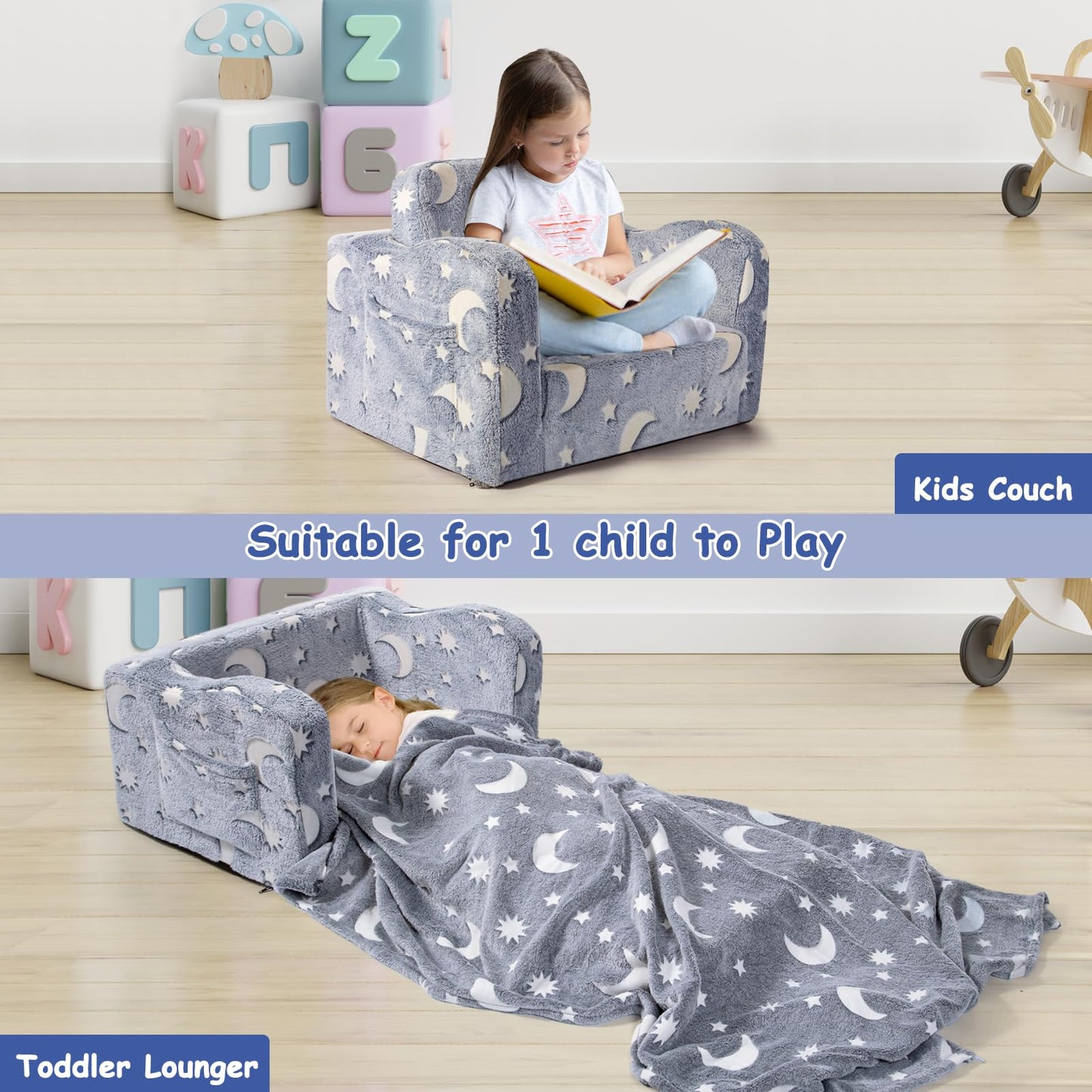 snow mini Kids Toddler Chair, 2-in-1 Toddler Couch Fold Out, Convertible Chairs for Toddlers Comfy Sofa to Lounger with Glow in The Dark Feature, Soft for Girls and Boys