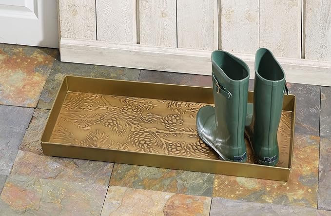 HF by LT Pine Branch Pattern Metal Boot-Tray, 30 x 13 inches, Antique Brass