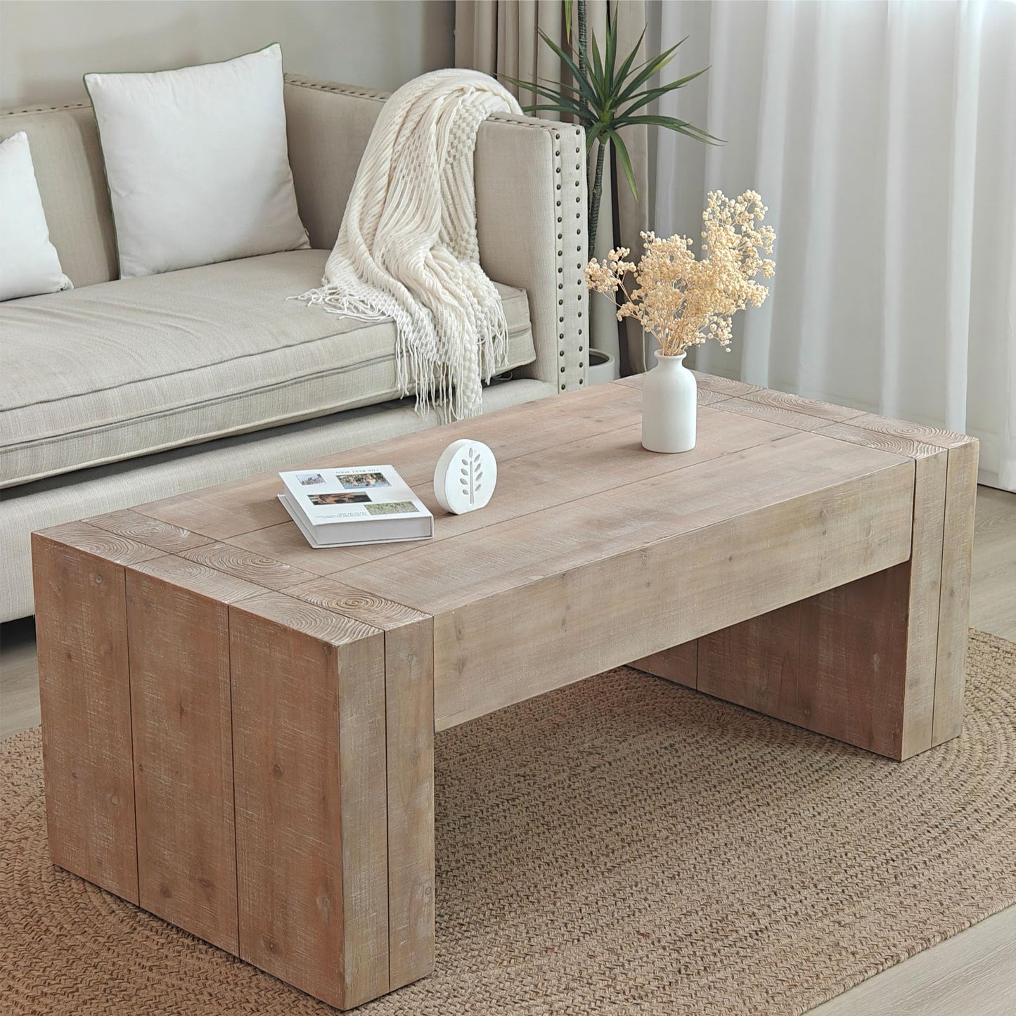 KEIKI Modern Farmhouse Coffee Table, Natural Wood Living Room Tea Table with Thick Top Design, Natural