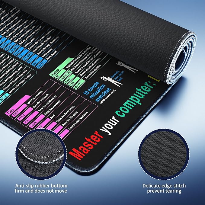 Excel Cheat Sheet Desk pad—Contains 12 Types of Common Skills in Excel and Word|Large XL Size（31.5 * 11.8 inch）|Desk mat for Keyboard and Mouse|Work、Study、Gaming Mouse pad|Waterproof、Anti-Slip