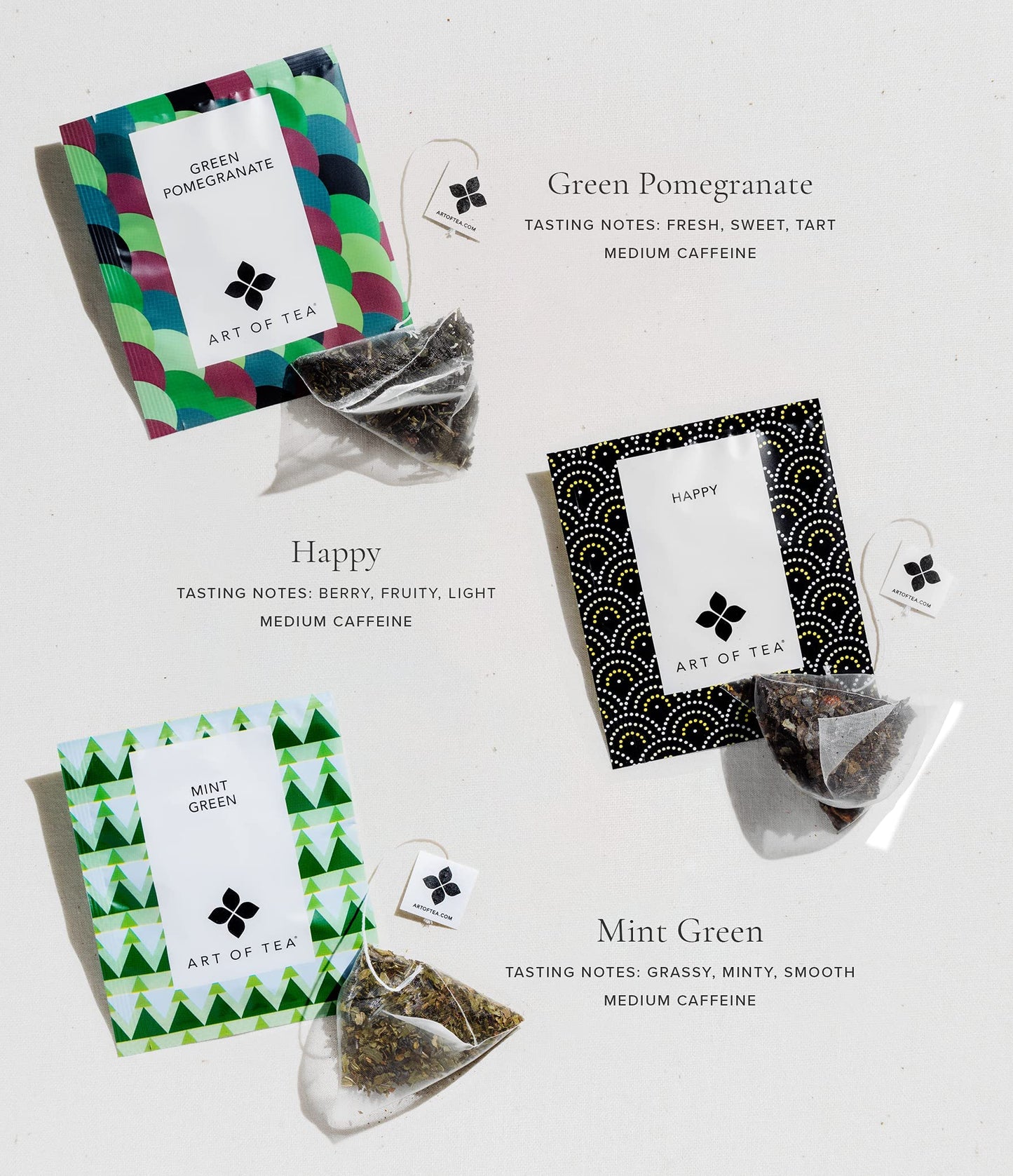 Art of Tea | Assorted Tea Sampler | 12 Count Sampler Box | Breakfast Tea, Earl Grey Creme, Egyptian Chamomile (Non-Caffeinated), French Lemon Ginger (Non-Caffeinated), Green Pomegranate, Mint Green, Tali's Masala Chai, Happy Tea, and White Coconut Creme