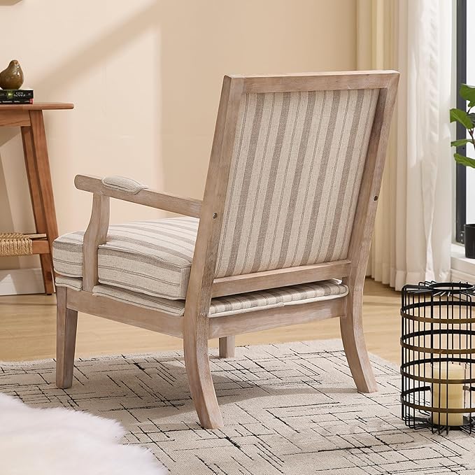 DM Furniture Mid Century Modern Accent Chair Upholstered Living Room Chairs with Armrest Linen Comfy Lounge Armchair Retro Solid Wood Reading Chair for Bedroom, Guest Room, Balcony, Khaki Stripe