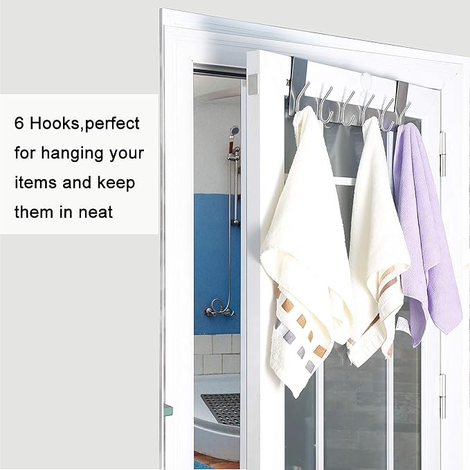 WEBI Over The Door Hook Door Hanger:Over The Door Towel Rack with 6 Hooks for Hanging Coats,Towel Hanger Door Coat Hanger Over Door Coat Rack for Towels,Clothes,Back of Bathroom,Silver