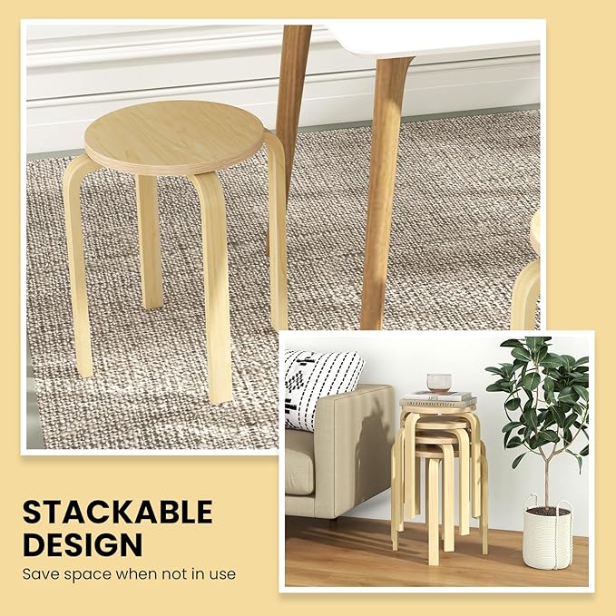 Giantex Bentwood Stackable Stools Set of 4, 18" Round Stacking Backless Nesting Stools, School Chairs, Flexible Seating for Classroom Elementary, Students, Adults, Kitchen, Dining Room (Natural)