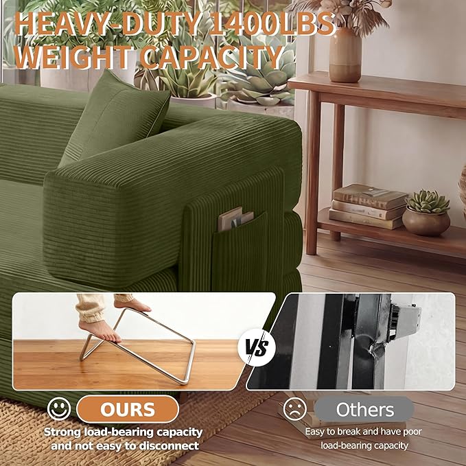 Fancyfire 78.8" Convertible Sofa Bed with Armrest Pillow,4-in-1 Sleeper Couch Bed for Livingroom,Modular Corduroy Boneless couches,No Assembly (Green)
