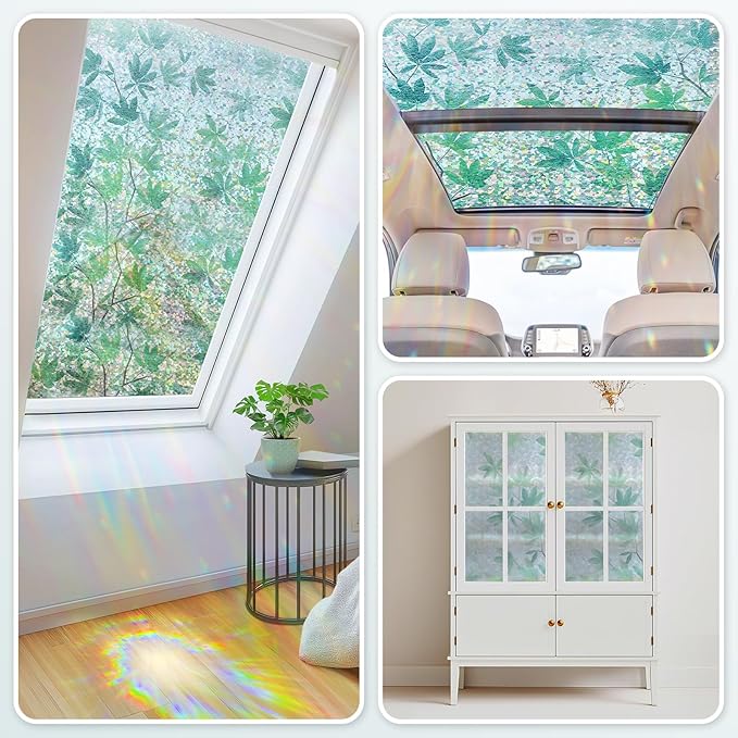 Haton Window Privacy Film, Rainbow Decorative Film, Stained Glass Window Clings, Static Cling UV Blocking Heat Control Tint Sticker for Home Door, Leaf Rainbow, 23.6" x 78.7" Non-Adhesive