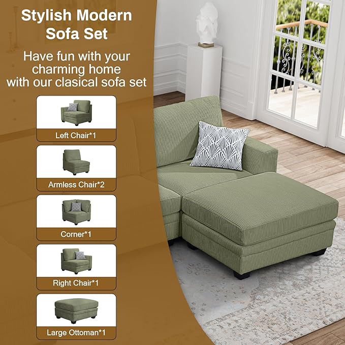 Legend Vansen Oversized Modular Sectional Sofa,6 Seat U Shaped Couch with Ottoman,Corduroy Sofa with Deep Seat,Convertible Large Sectional Couches for Living Room (Olive, L-6)