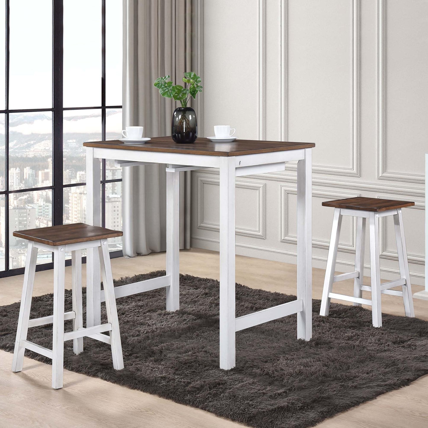 Fonkoir 3 Piece Bar Table Set, Counter Height Pub Table with 2 Saddle Bar Stools, Pub Dining Set Kitchen Table Set for 2, 42'' Wood Table & Chair Set for Bar Kitchen Office, Greyish Brown