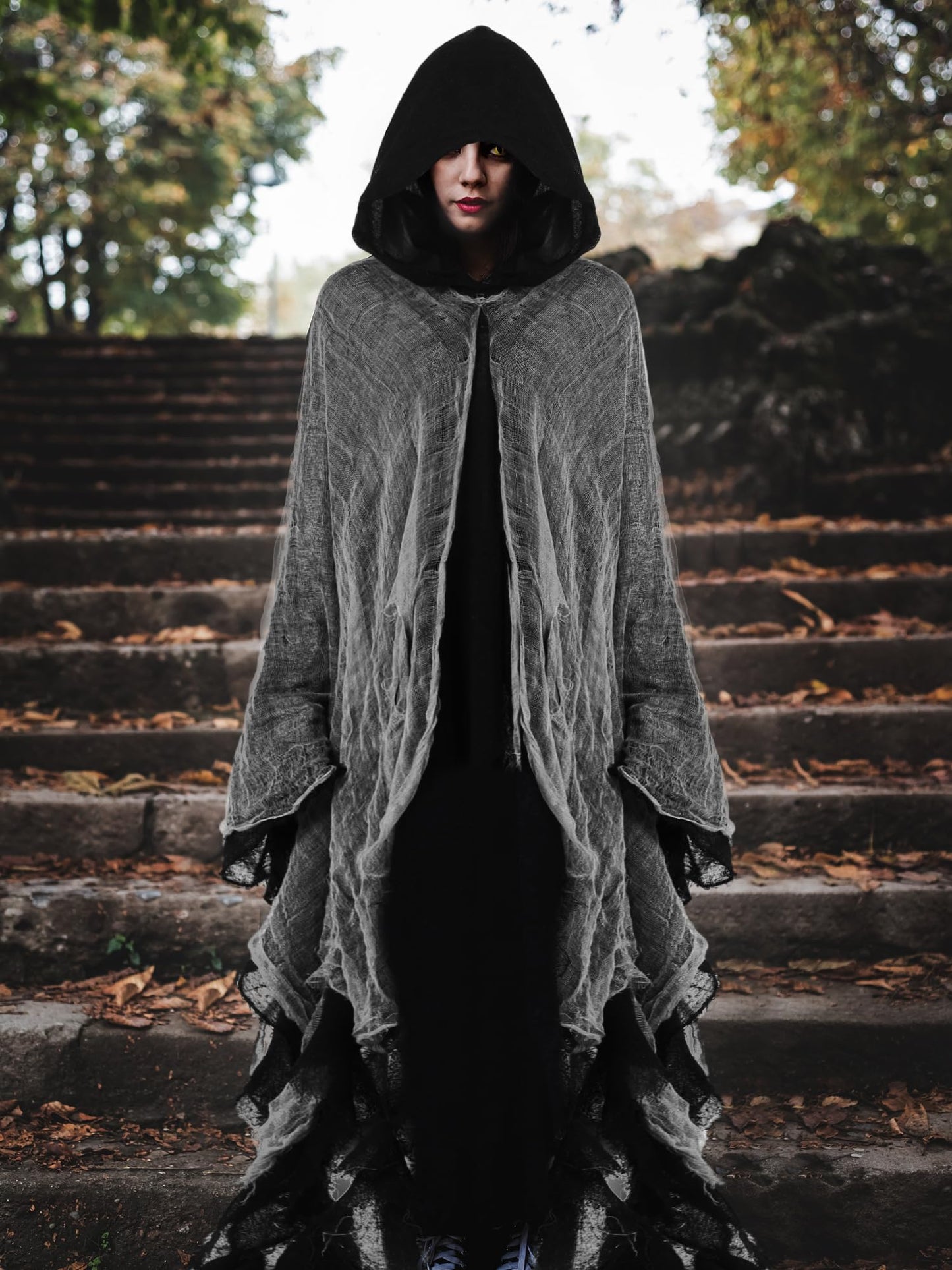 Geyoga 2 Pcs Halloween Hooded Cloak Medieval Renaissance Gothic Wizard Robe Scary Grim Reaper Cosplay Costume for Unisex(Black, Red, L)