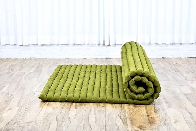 Leewadee - Foldable Floor Mattress - Japanese Roll Up Futon -Trifold Tatami Mat- Guest Floor Bed - Camping Mattress - Thai Massage Mat, Kapok Filled, 75 x 57 inches, Green