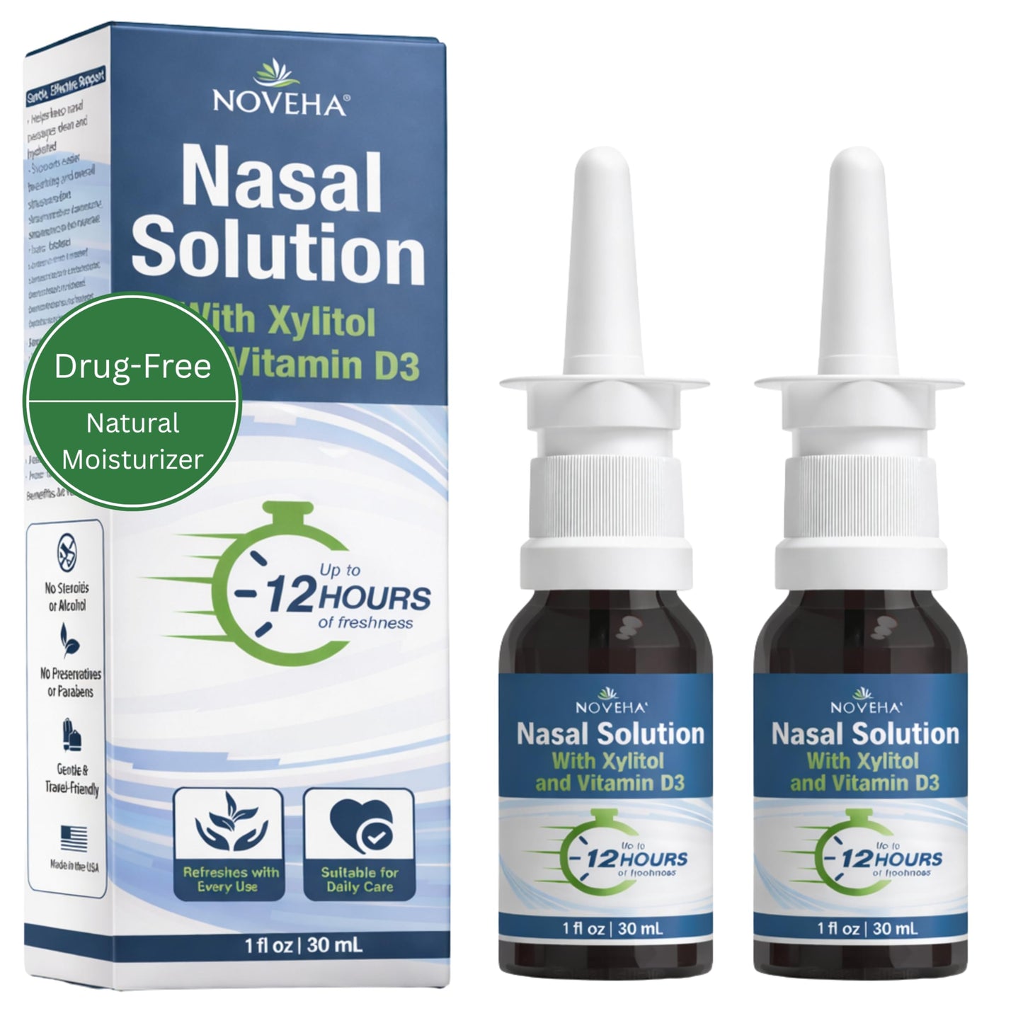 NOVEHA Xylitol Nasal Spray – Drug-Free Natural Moisturizer for Dry Nose, Sinus & Allergy Relief – Hydrating Saline Nasal Spray with Vitamin D3 & Grapefruit Seed Extract Gentle Daily Congestion Support