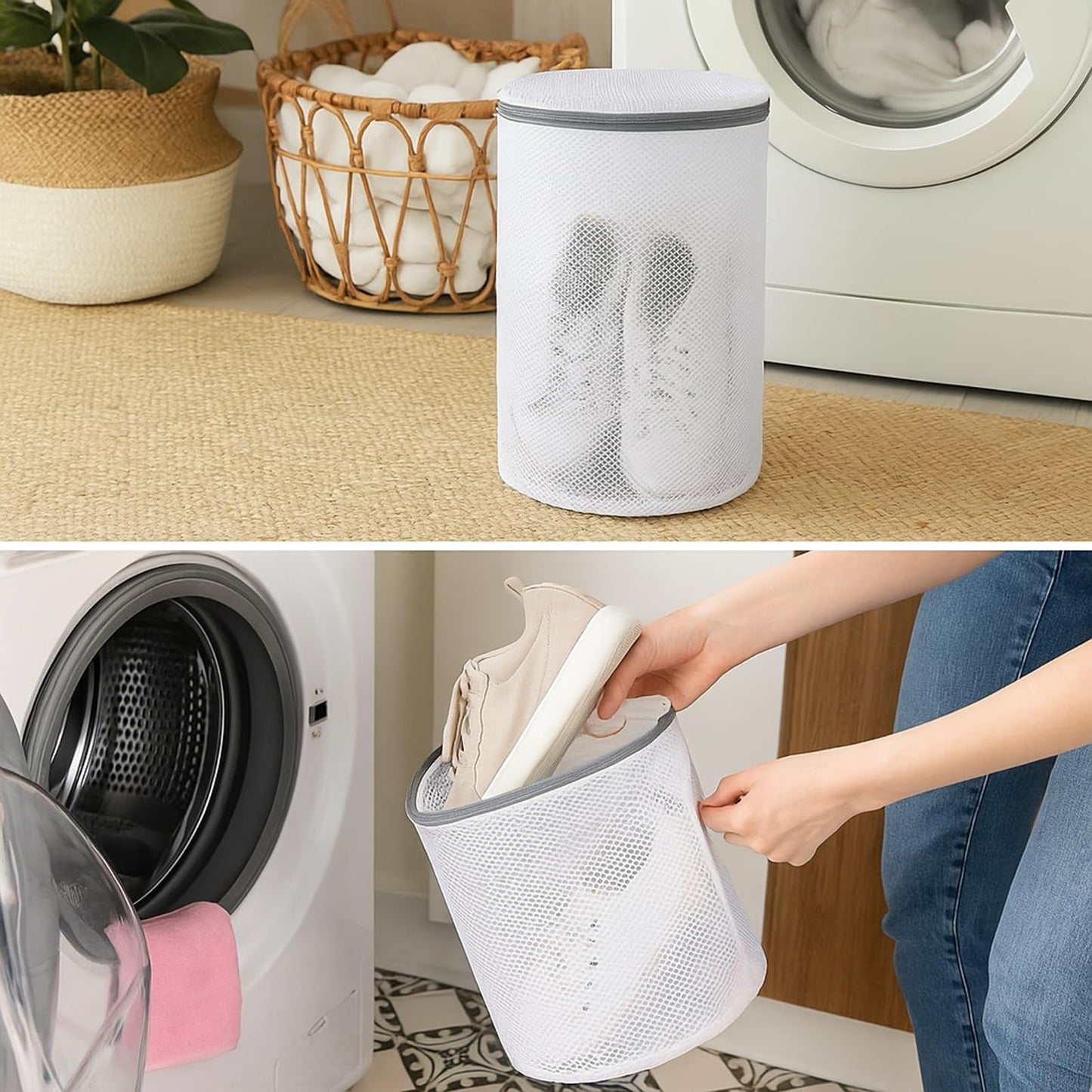Kimmama Shoe Washing Machine Bag, Sneaker Mesh Washing Bag, Shoe Cleaning Laundry Bag for Gym Shoes, Sneaker, Trainers, Slipper, Honeycomb Net, Grey Zipper, Large Size, 7 x 15“