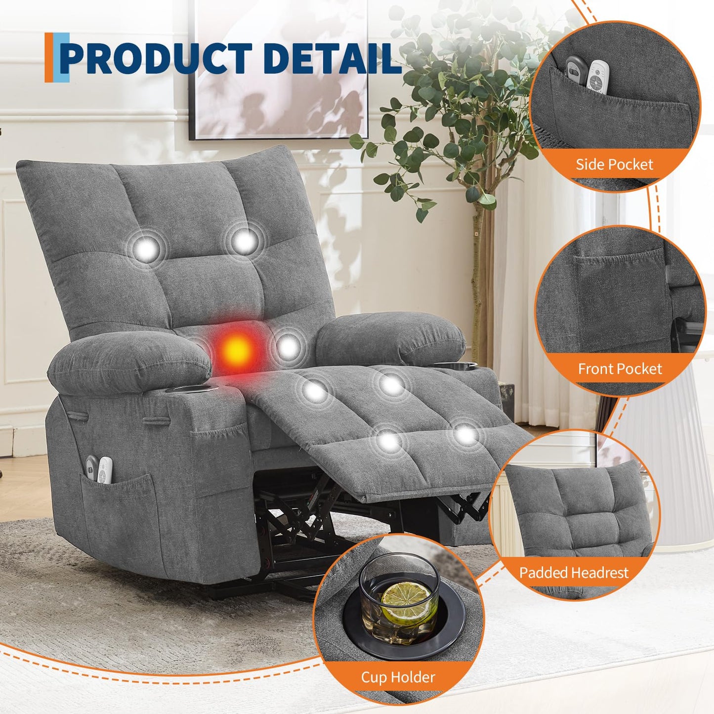 Power Lift Recliner Chair for Elderly - Electric Massage & Heat Recliner with 45° Assist Stand, Living Room Sofa for Small Space Furniture, Swivel Rocker with Cup Holders, Reclining Lounge for Adults