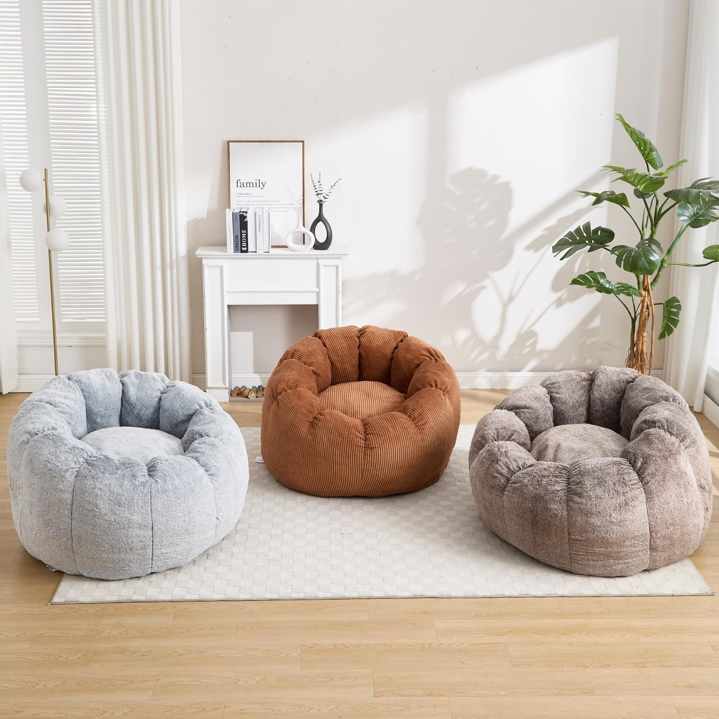 DUOMAY Giant Bean Bag Chair, Faux Fur Cozy Beanbag Chair for Adults, Kids, Round-Shaped Large Bean Bag Couch with Memory Foam for Living Room, Bedroom, Dorm, Grey