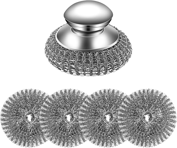 Stainless Steel Wool Scrubber Set, 2 Handles with 4 Replacement Pads, for Pots Pans Grills