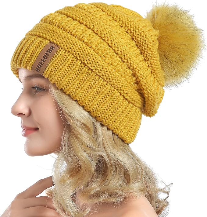 QUEENFUR Women Knit Slouchy Beanie Chunky Baggy Hat with Faux Fur Pompom Winter Soft Warm Ski Cap