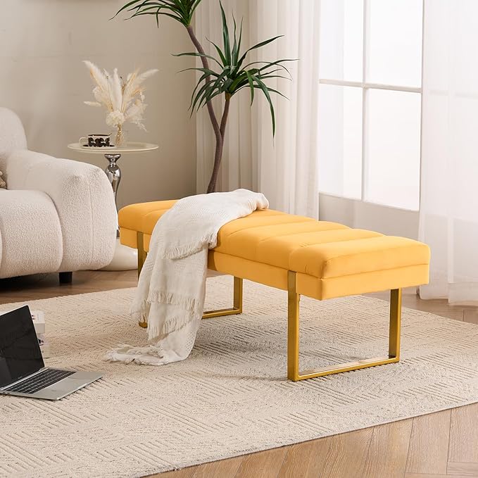 AIITTCC Velvet Ottoman Bedroom Bench, 46.5" Tufted Padded End of Bed Bench with Gold Legs, Upholstered Shoe Bench for Living Room Entryway Window (Mustard Yellow, 46" Wide)