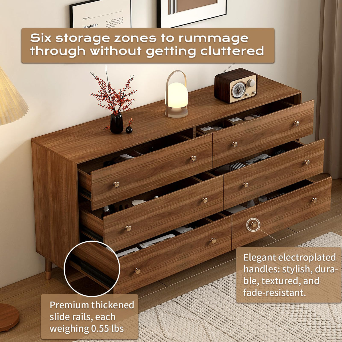 Messenya Mid Century Modern 6-Drawer Dresser, 55 Inch Wide Solid Wood Frame Chest, Walnut Finish, Beveled Design, Heavy-Duty Drawer Glides, Storage Cabinet for Bedroom, Living Room, TV Stand