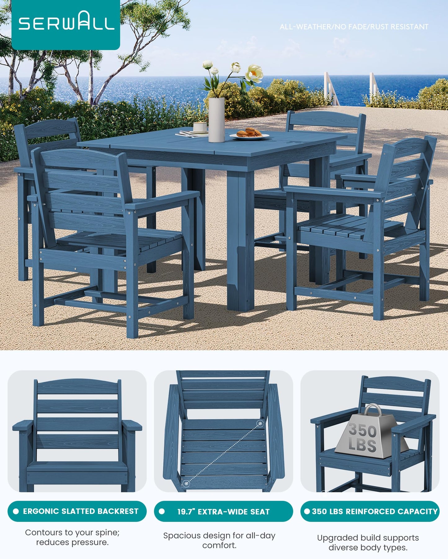 SERWALL Outdoor Dining Set for 4, HDPE Square Table and Chairs Set All Weather Patio Dining Set with 4 Classic Dining Chairs, 5-Piece Patio Dining Furniture for Deck, Blue