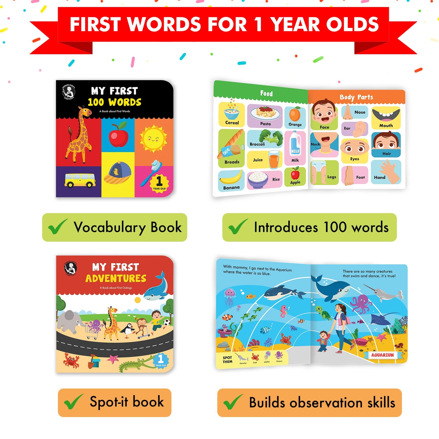 Madame Curie’s My 1 Year Old Library Set of 5 | Baby Toys, for Ages 12-18-24 Months | Best Toddler Board Books | Birthday Gift Ideas for Newborn Girl & Boy, Infant Toys