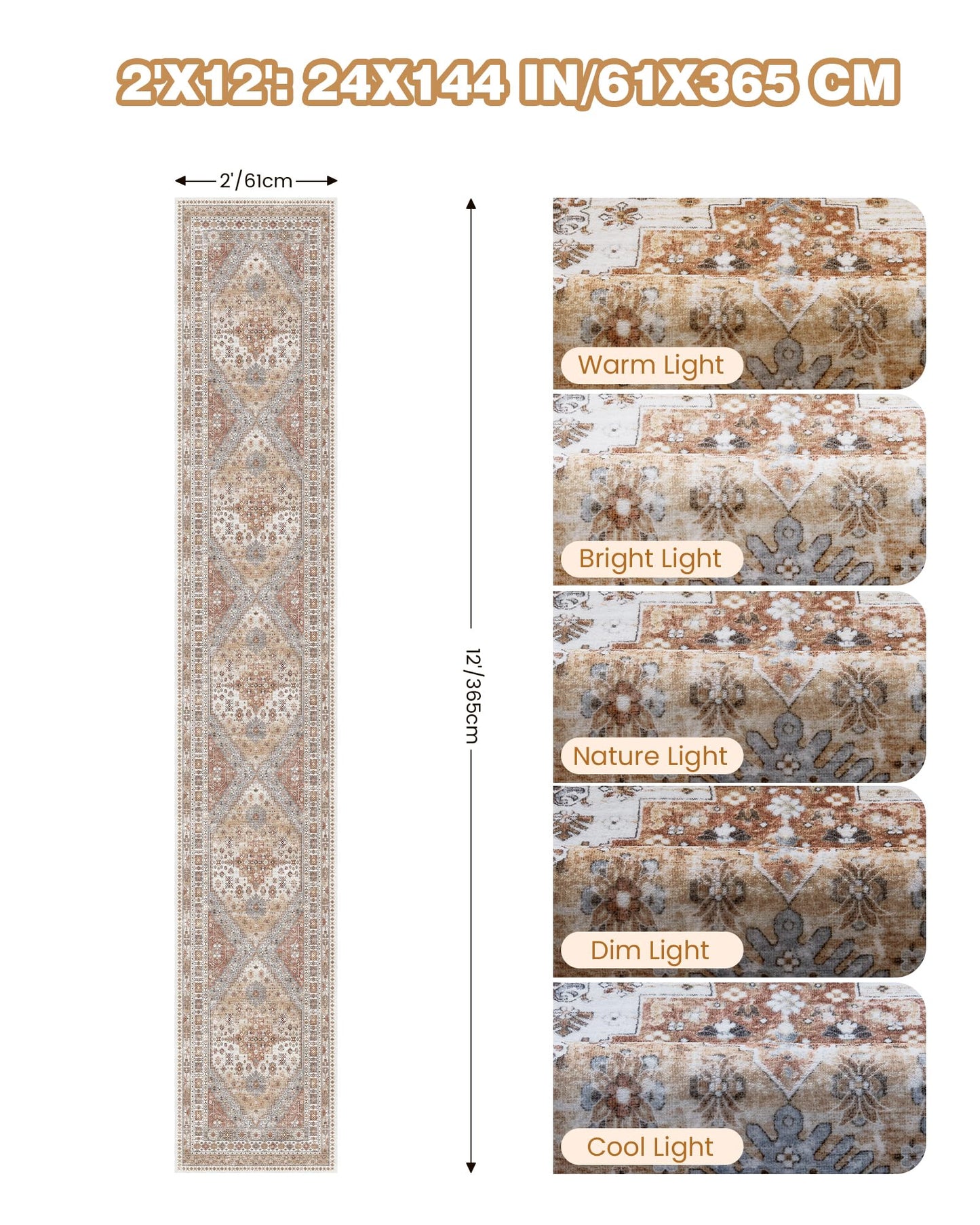 Restydon Hallway Runner Rug 2x12, Extra Long Washable Runner Rugs with Rubber Backing, Non Slip Runner, Vintage Rug Runners for Kitchen Laundry Room Entryway (Orange,2'x12')