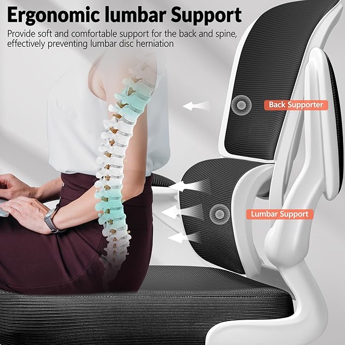 BESTFAIR Office Chair Ergonomic Desk Chair, Breathable Mesh Comfy Chair with Lumbar Support, Computer Chair, Home Desk Chair with Flip-up Armrests, Gaming Chair for Adults Home Office (White)