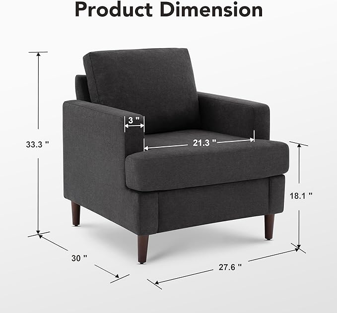 Weture Mid-Century Accent Chair,Modern Linen Fabric Armchair for Living Room,Comfy Upholstered Reading Accent Chairs for Bedroom,Single Sofa Chair with Wood Legs (Dark Grey, 1 Pack)