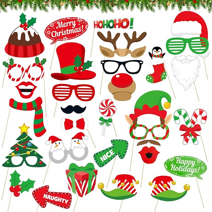 32 Pcs Christmas Photo Booth Props Kit - Merry Christmas Photo Props for Photography, DIY Fun Xmas Photobooth Photoshoot P...