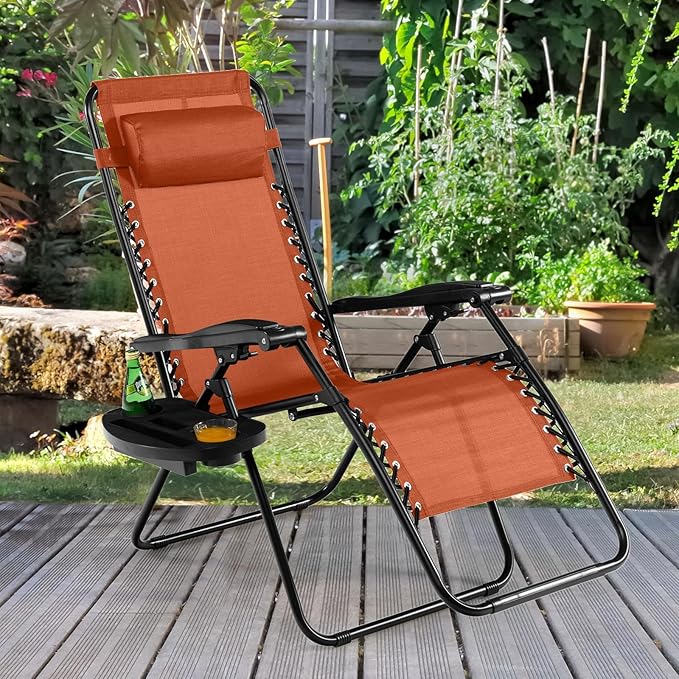 Tangkula Zero Gravity Chair, Folding Patio Lounge Chair Adjustable Outdoor Recliner with Cup Holder, Wide Armrest for Patio Garden Poolside Outdoor Yard Beach, Support 350 lbs (1, Orange)