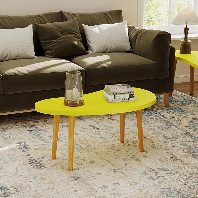 Funecy Mango Coffee Table Low Table with 4 Solid Wood Sturdy Legs, Floor Table Desk for Sitting on The Floor, Storage and Living Room Furniture (Yellow)